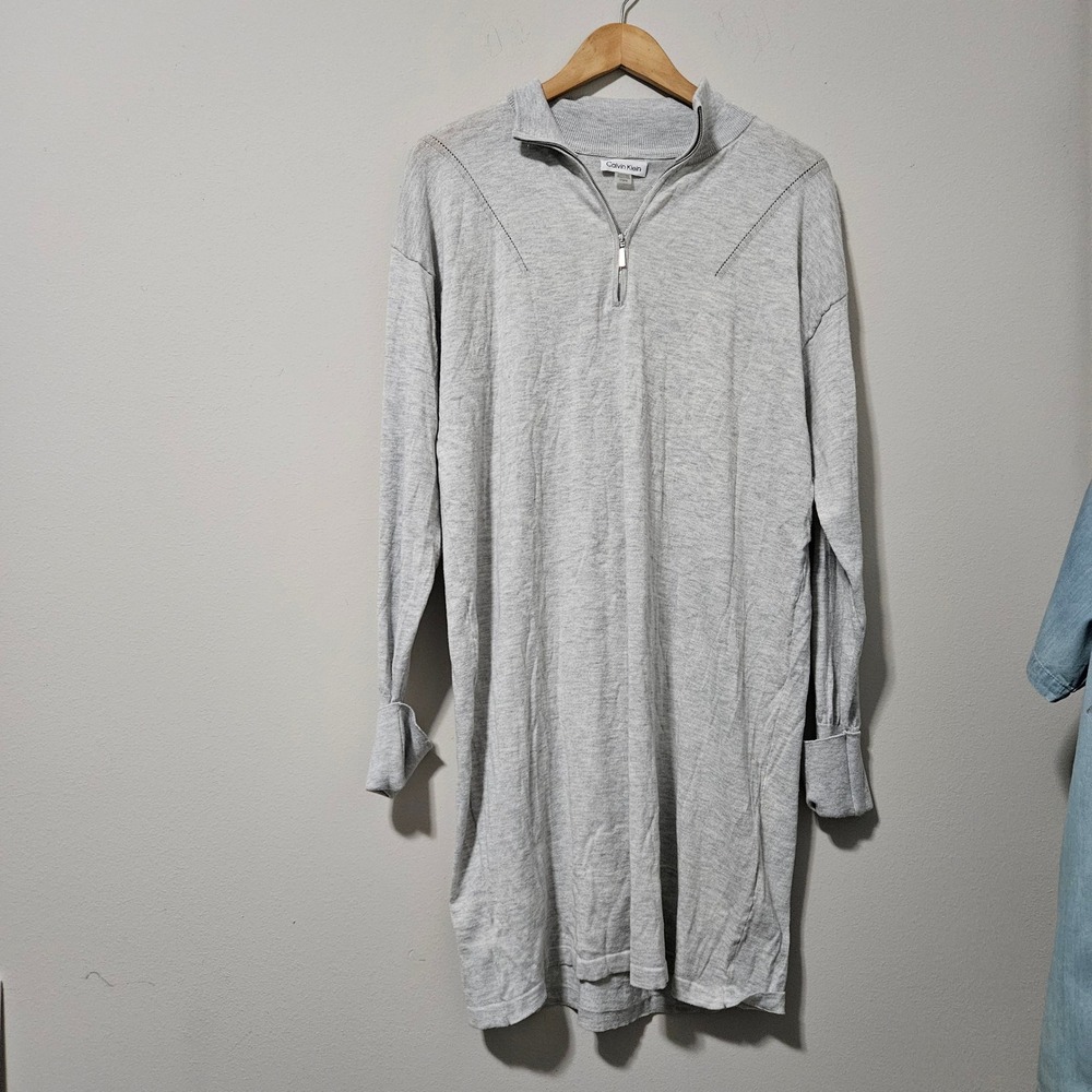 Calvin Klein Womens Heather Gray Quarter Zip Mock Neck Sweater Dress Large